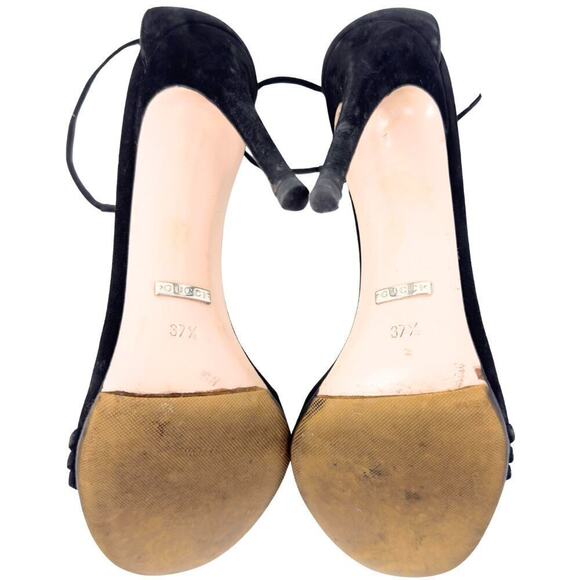 Gucci GG Logo Marmont Black Suede Heels Sandals Isle Crystal Ankle Strap EU 37.5 - Picture 10 of 11